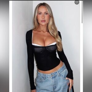 White Fox Boutique Black Long Sleeve Square Neck Sheer Top